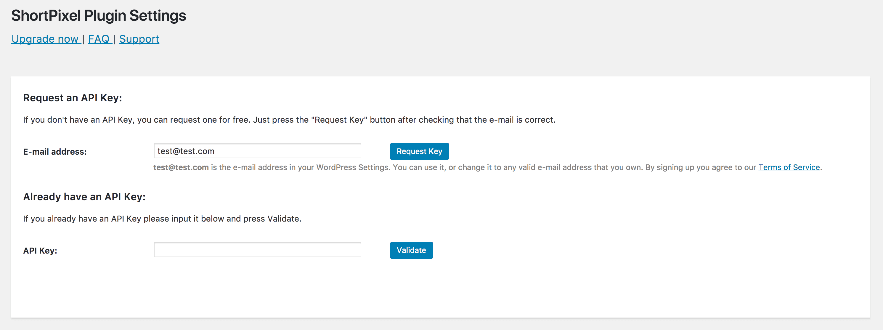 Requesting a ShortPixel API Key after installation.