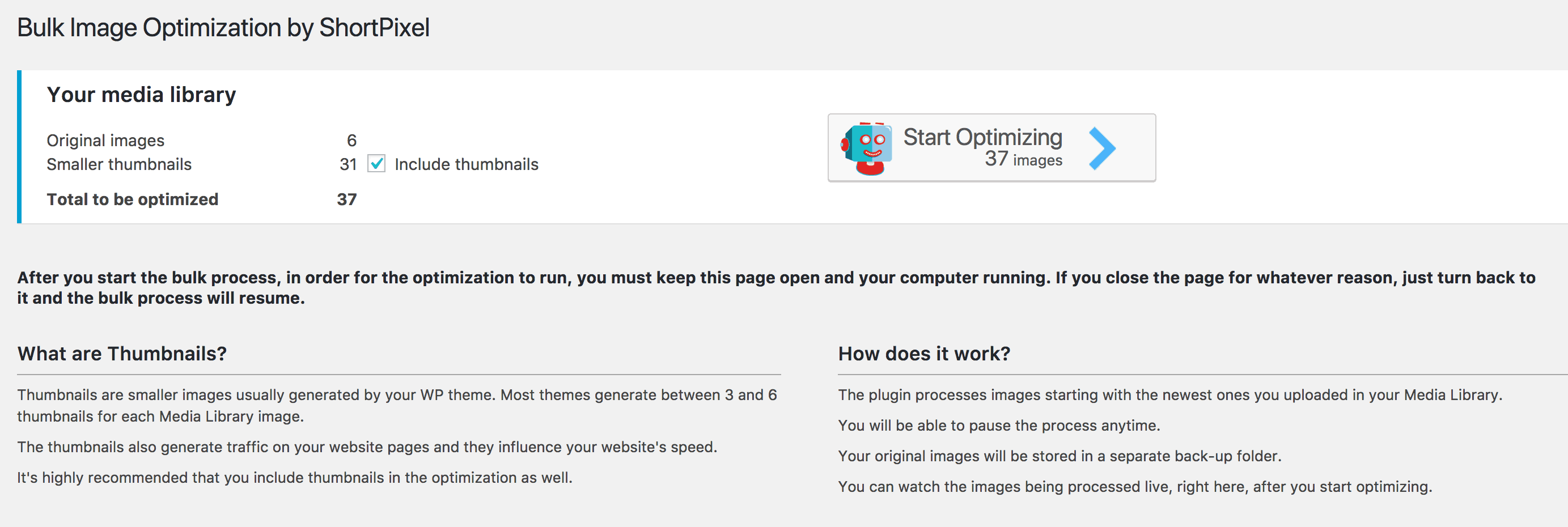 Getting ready to start a Bulk Image Optimization.