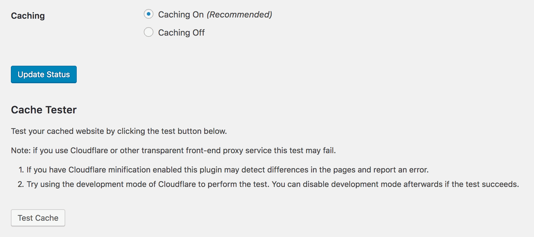 The WP Super Cache settings when caching is active.
