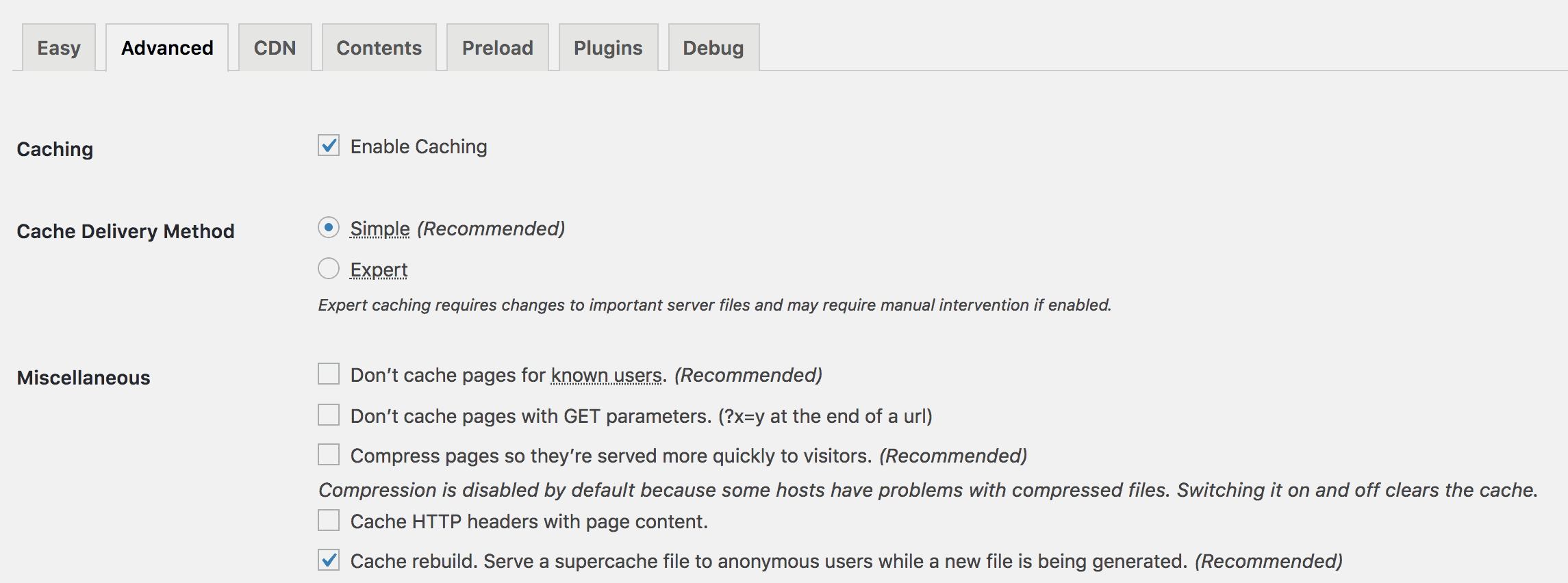 The Advanced options for WP Super Cache.