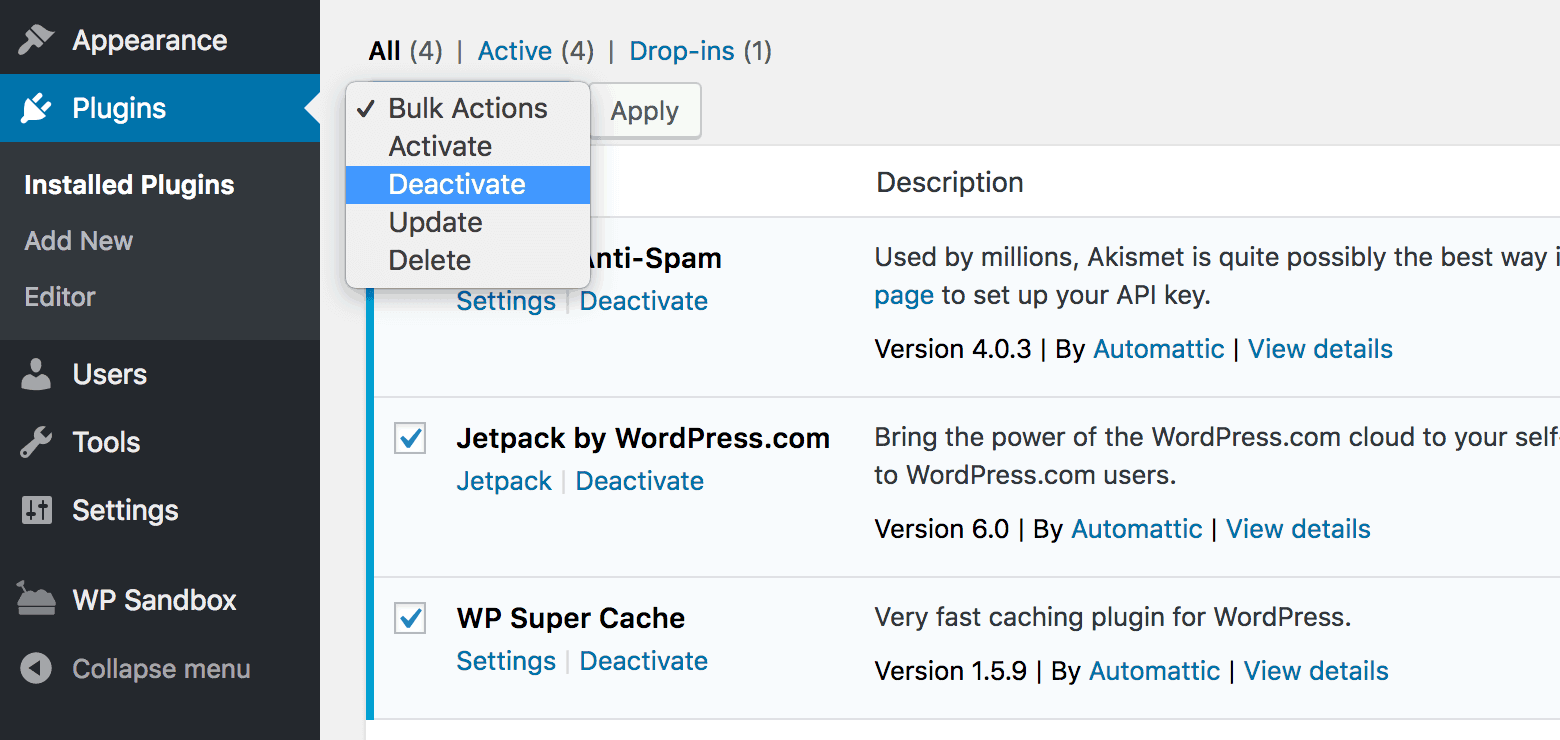 Deactivating all WordPress plugins in the admin dashboard.