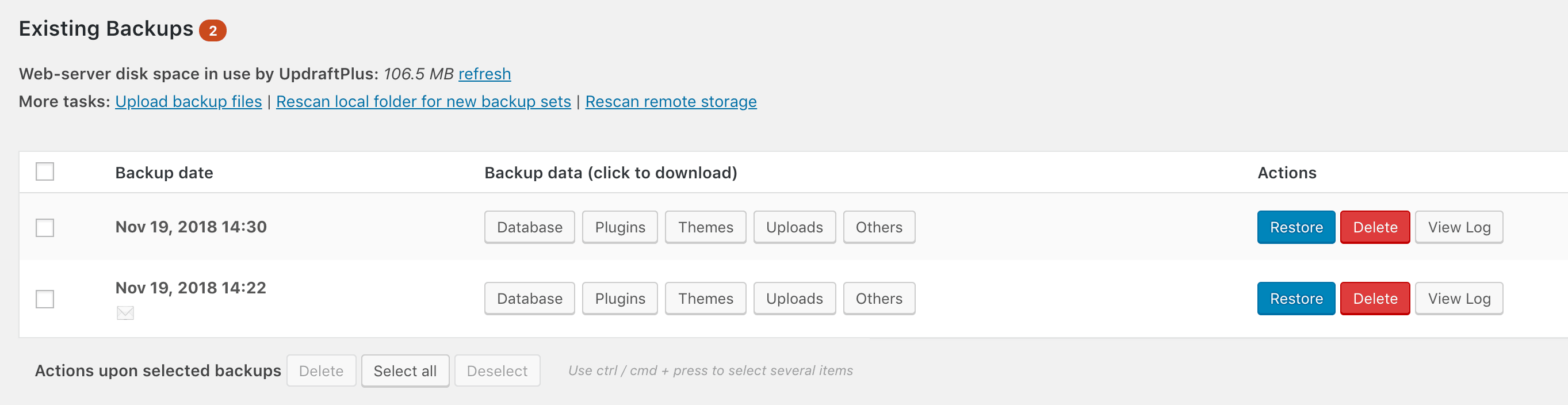 Two backups at the bottom of the UpdraftPlus settings.