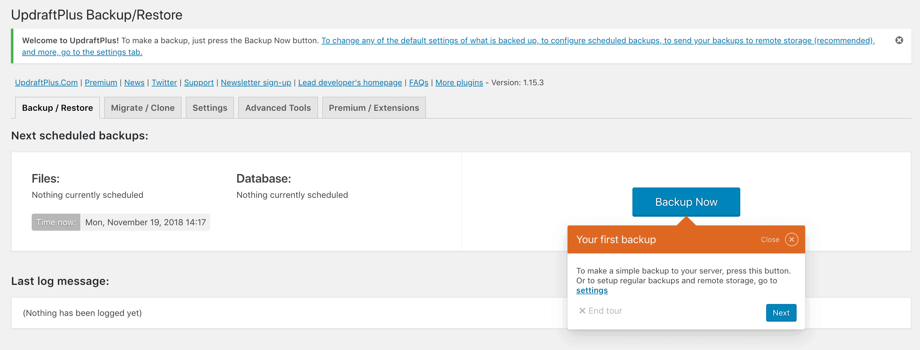 Configuring the UpdraftPlus plugin.