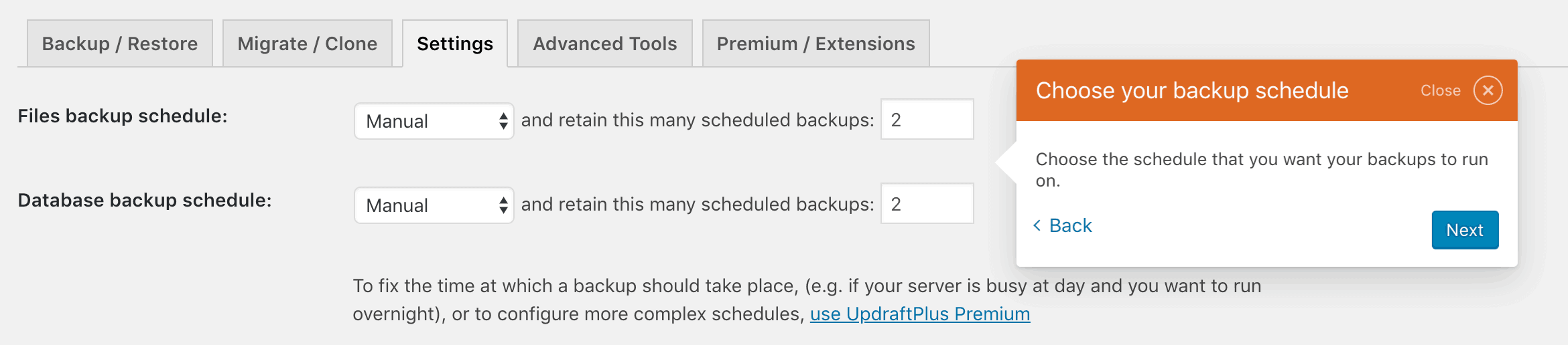The Settings tab in the UpdraftPlus settings.