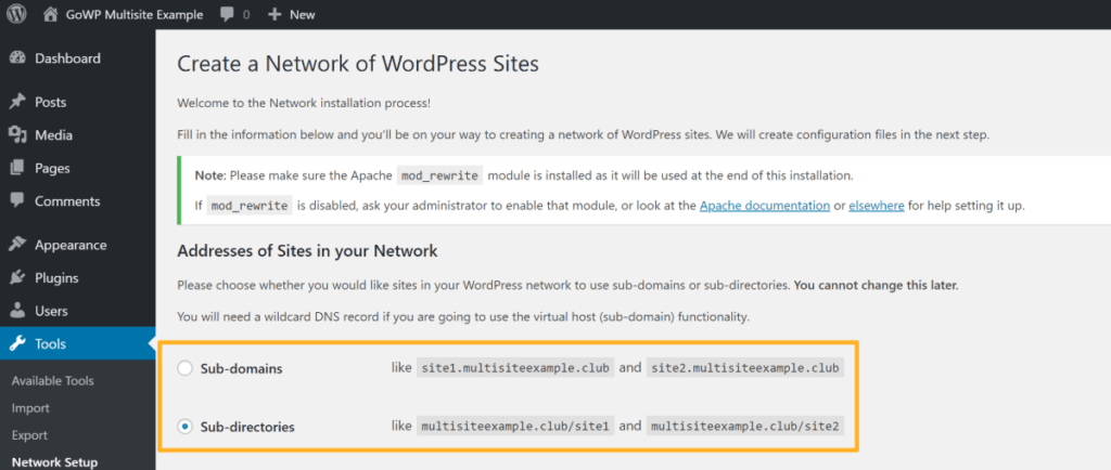 choose urls for WordPress Multisite
