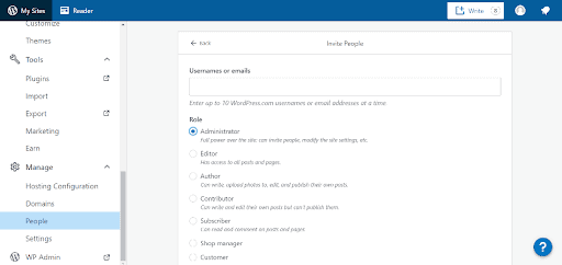 Interface to invite users to collaborate on a WordPress.com website