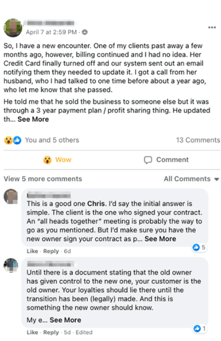 Person shares in a community a story about a client who passed away.