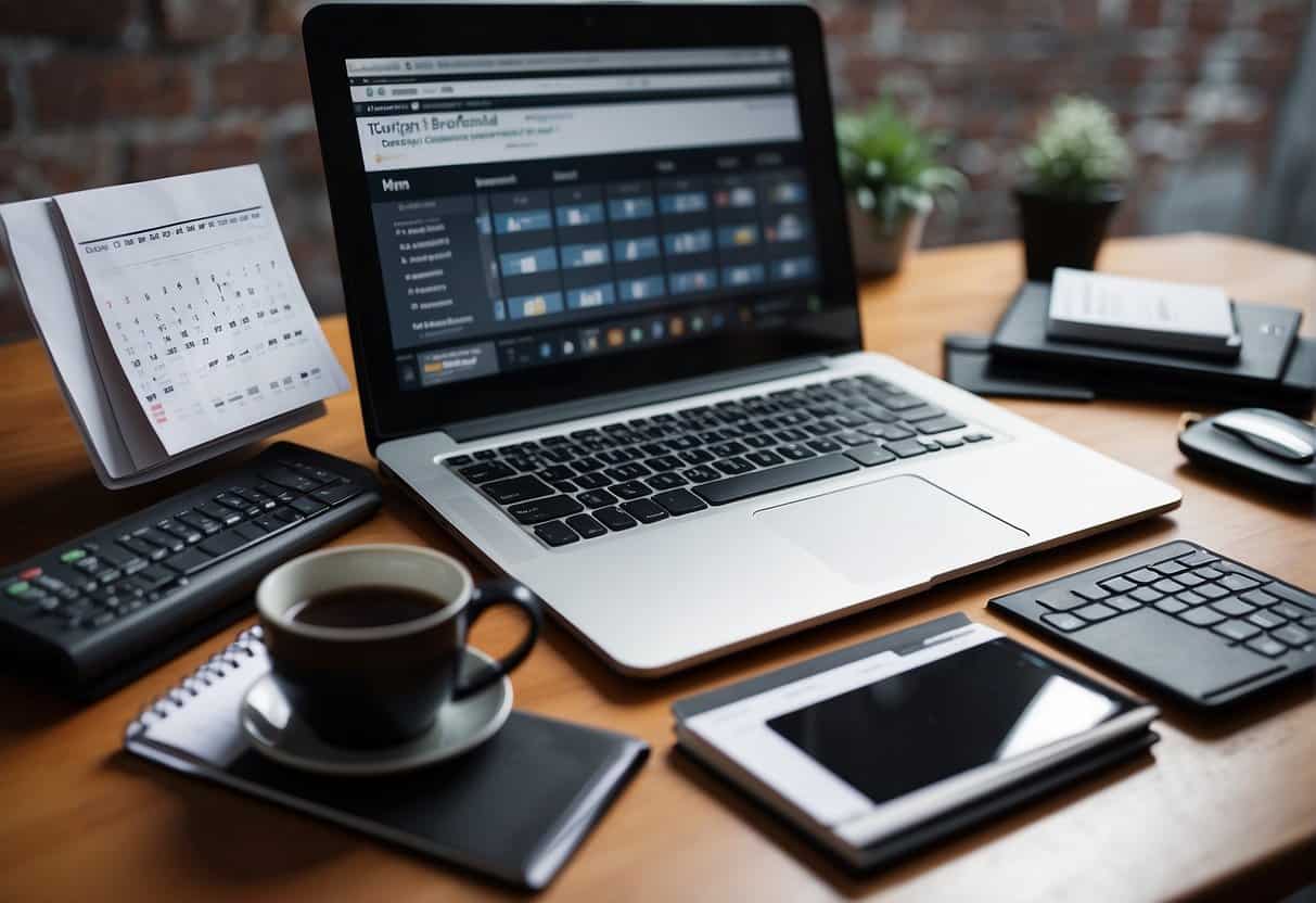 A desk with a computer, notebook, and pen. A wall calendar with project deadlines. A stack of project management software brochures